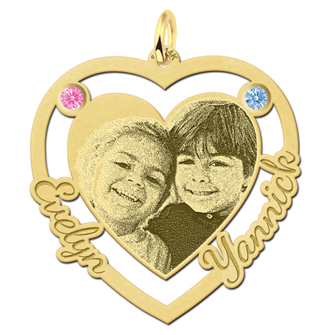 Gouden hart hanger met foto en geboortestenen - Ketting-, hanger- ring
