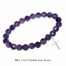 Kralen armband facet geslepen amethist met bedels met naam