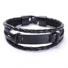 Zwart leren armband met 4 banden en zwarte plaat met T-sluiting